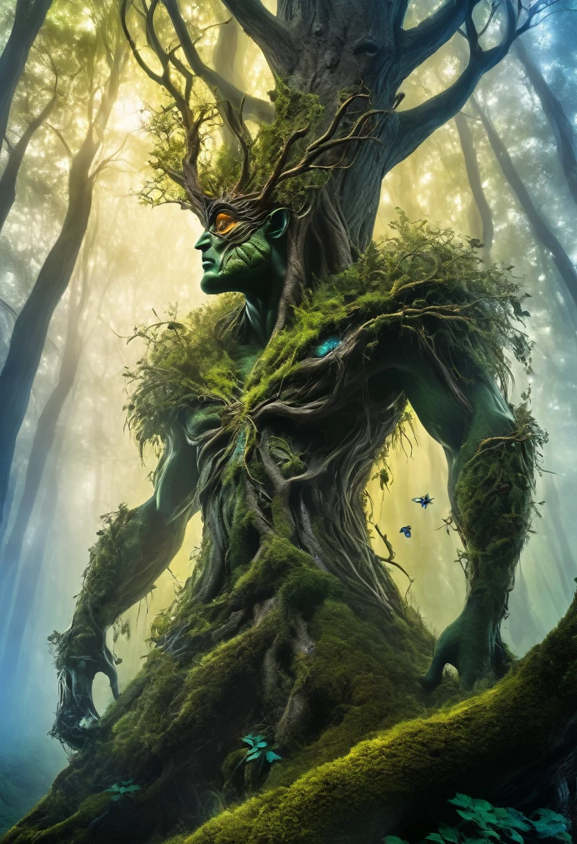 Fantastic figure: tree man, muscular, helps to safeguard the forest from evil beasts; he is a powerful warrior; his love for nature can be seen on a summer afternoon in the dim sunlight; small insects make their nest in him; striking image; masterpiece; mythical and fantastic image