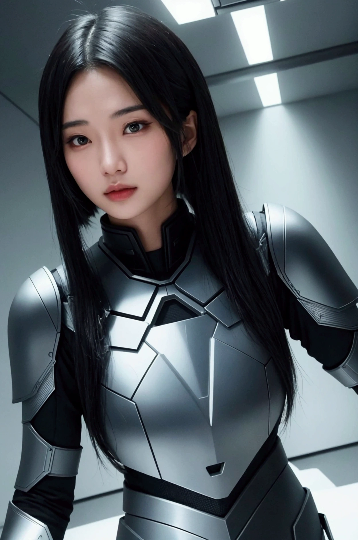 masterpiece, Best Quality, Illustration, Ultra-detailed, finely detail, high resolution, 8K Wallpaper, Perfect dynamic composition, i am a photographer, she is a model, Beautiful detailed eyes, tight bodysuit armor, long hair, Big breasts, Natural Color Lip, Random and sexy poses, zero gravity: 1.9
