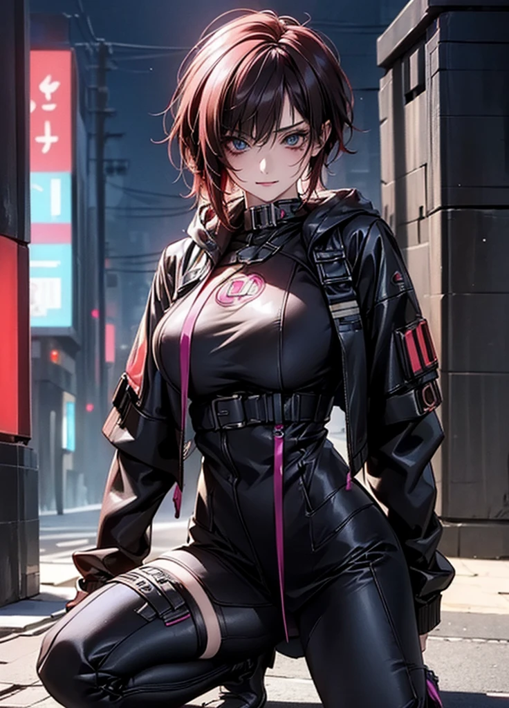 "Create a masterpiece, with a woman, from the front, short hair, black hair and the right of it with an orange streak, dressed in a black jacket, imposing, with a pistol on her waist, detailed her face and body and clothes. The resolution texture should be 16k."