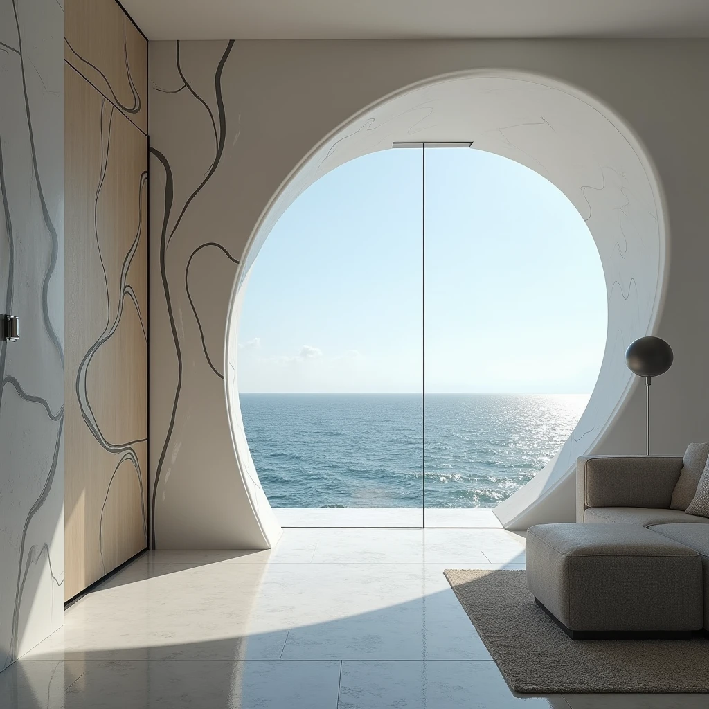  Image artistic photo of a minimalist living room white modern of a dining room with a background view of the sea, It features a modern Art Nouveau style.  The design is strongly influenced by aesthetics Monica by Zaha Hadid .  The door must have liquid ,  Organic lines and a dynamic shape .,  with intricate geometric patterns integrated into the design .  Use materials such as glass ., polished steel ,  and high-gloss wood ,  Reflecting the luxurious and futuristic qualities typical of Hadid's work ..  The environment must be contemporary .,  Minimalist interior that complements the daring design of the door ..