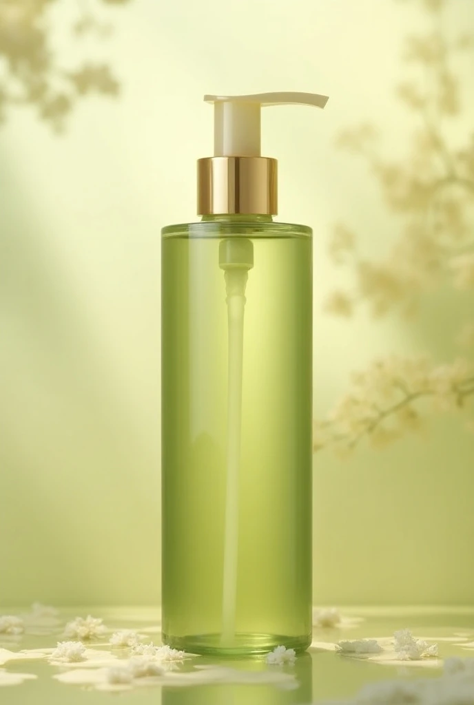 Create a visual identity of a body wash that captures the attention of customers, that transmits elegance and prestige ,
Make it elegant and the brand is called DEBCO Cosmetics more elegant with a light olive green color palette, beige and gold in a cylindrical glass bottle
