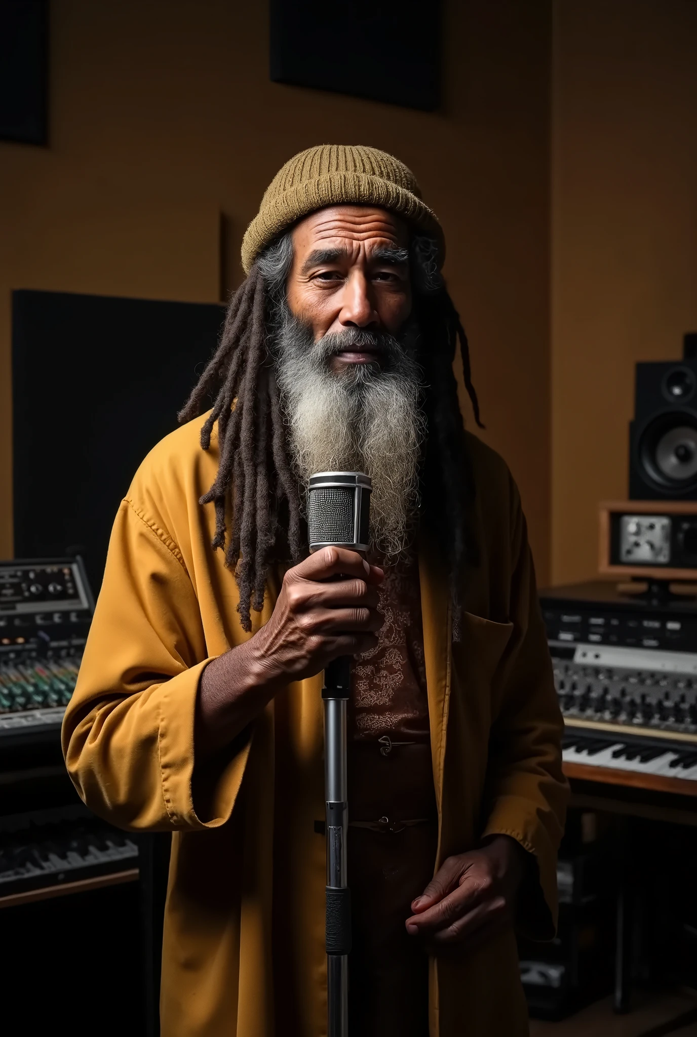 Old Jamaican Rasta man from the 1960s with microphone in hand in a recording studio 