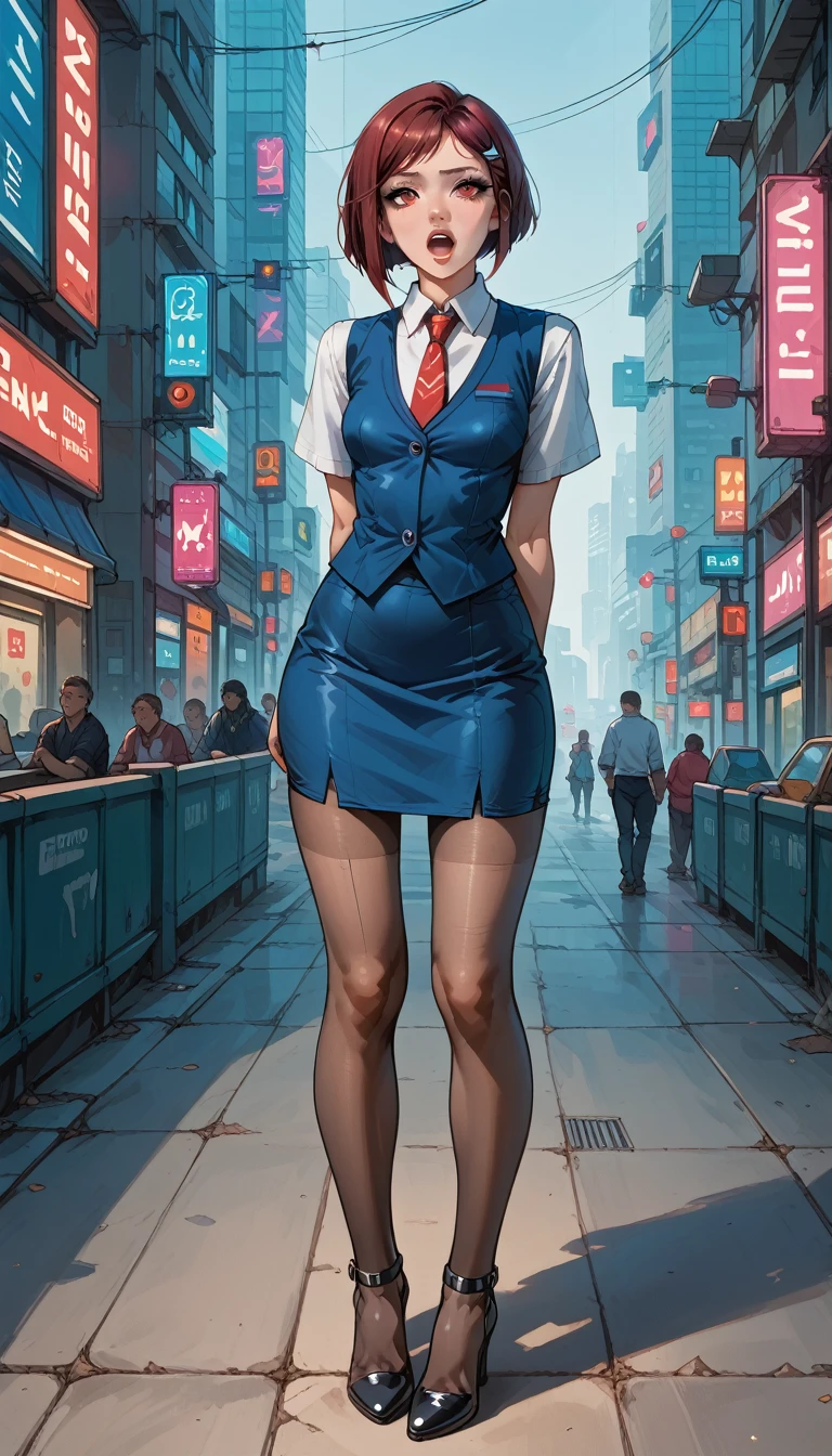 8k, arms behind back, full body, slim figure, flat bust, sparkling red eyes, Light blue eyelashes, high-heels, dark skirt, seductive, Charming, small tits, jill stingray, necktie, pantyhose, skirt, vest, white shirt, cyberpunk styled bar, masterpiece, zal, AniPnyXLQual, fellatiogesture, open mouth