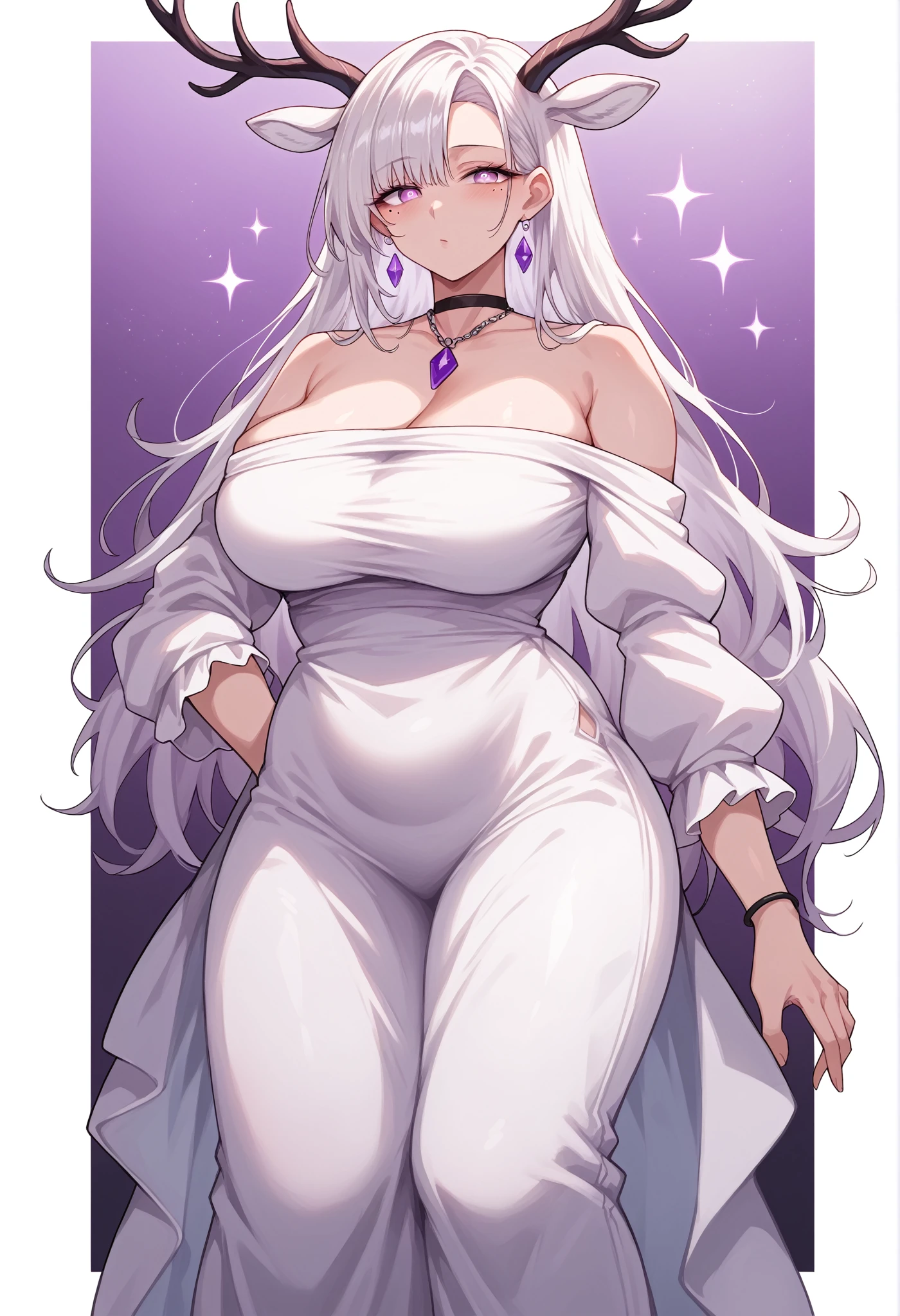 (Purple deer horns) mixed_artwork style, (detailed eyes), (Mature woman), beautiful woman, medium breasts, white hair, bangs on eye, Side bangs, (white loose dress, white pants), Lavender eyes, mole under eye, huge body, (milf), black choker, (neutral Face), (196cm tall, standing), Black bracelet, Purple pendant