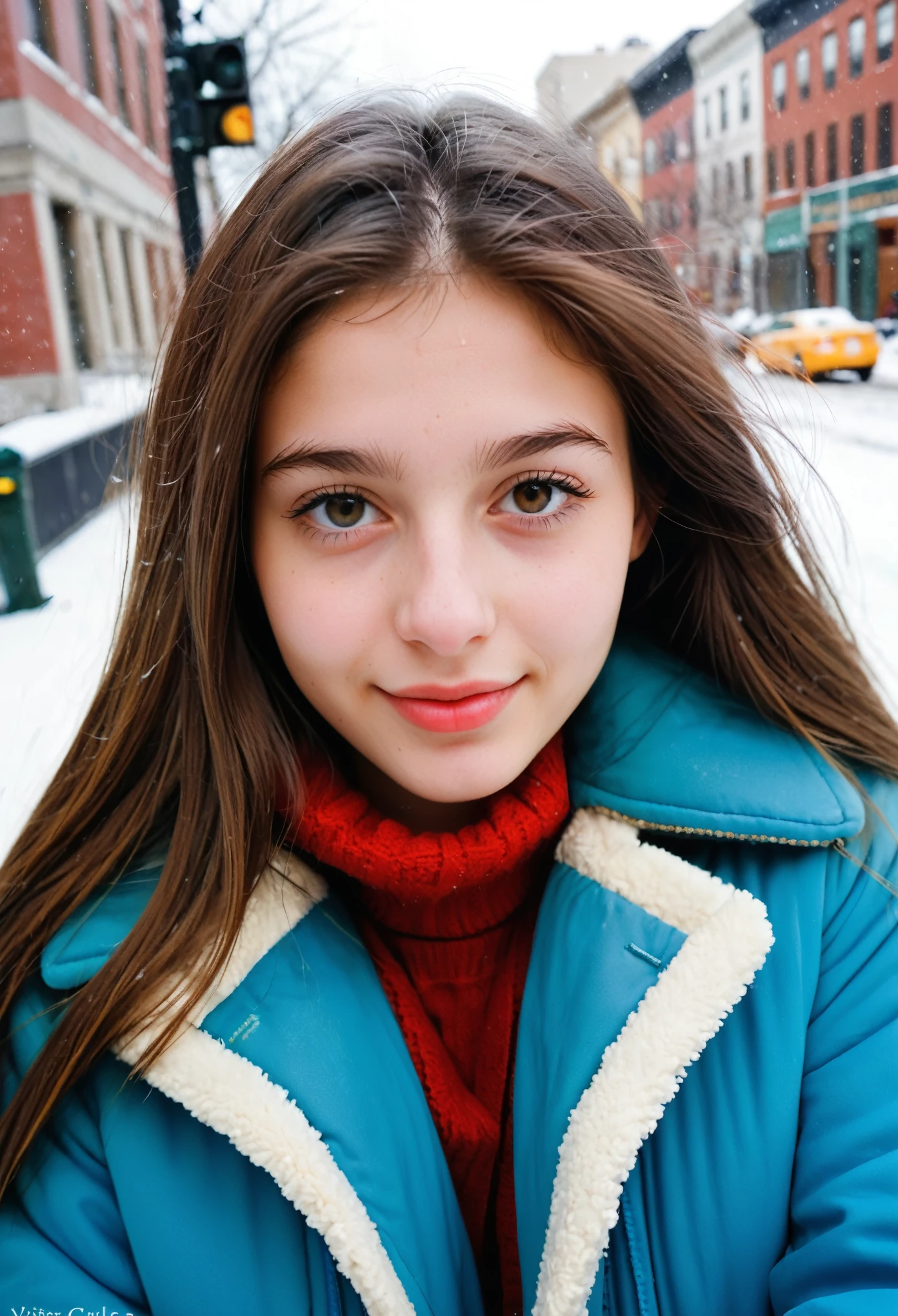 (indistinguishable from reality:1.4), 1girl, selfie, An half portrait of a beautiful 18 y.o New York Italian college student, (detailed facial features), (freckles:0.2), (acne:0.1), long thick luxurious straight hair, beautiful Jewish nose, shy smile, walking on street, winter, snowfall, ultra detailed texture winter coat, bright primary colors, Nikon FM2, 35mm SLR