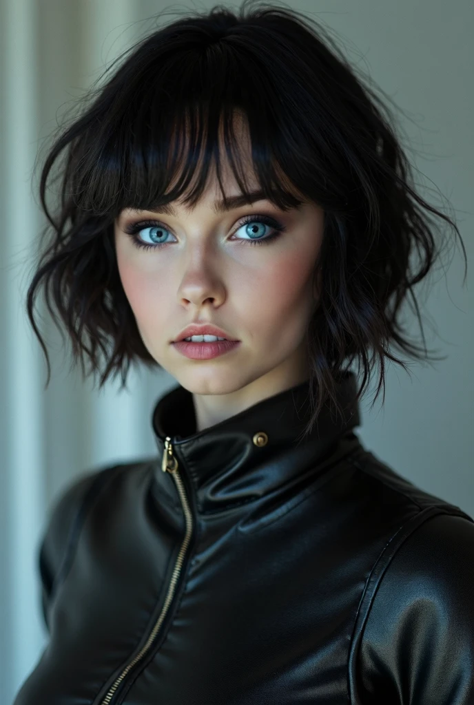 Captured from a high-angle, eye-level perspective, a medium-sized girl, dressed in a black leather jacket, holds a gun in her right hand. Her left hand is raised in the air, while her right arm rests on her hip. Her right arm is draped over her shoulder, adding a pop of color to the scene. The girl's hair is a dark brown, with bangs, and she's looking off to the side. Her eyes are a piercing blue, and her lips are a lighter shade of brown. Her hair is styled in a bob, with a slight smile on her face. The backdrop is blurred, creating a stark contrast to the girl and the pet. the graffiti text reads "Star Wars Outlaws" in the background at the top of the picture