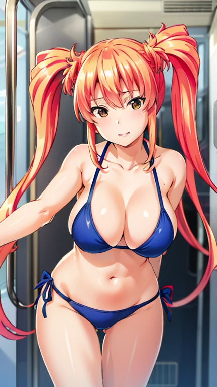 Best Quality,  high resolution on down,  beautiful eyes,  highly detailed face,  CG in detail,Anime Style, Saki Mizuhara , 女の子1people,  orange hair, swimsuit,Thigh length, , Inside the train ,  Twin Tails, Long Hair,  is standing,１people々and, Stylish Poses ,  stylish angle , staring at viewers, Center of image, cowboy shot ,