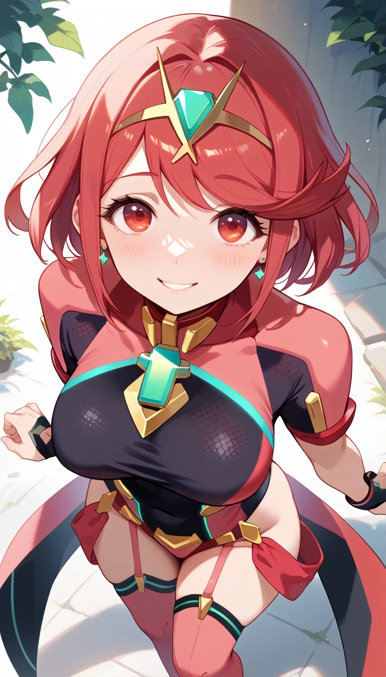 masterpiece, maximum quality, 4k,  ultra detailed, pyra's cosplay, standing, bright smile, crystal red eyes, round face, soft light, shiny hair, friendly smile, thighs slightly large, hips slightly wide, 3 quarters of the body, looking at the viewer, front, high angle view, big chest, black chest