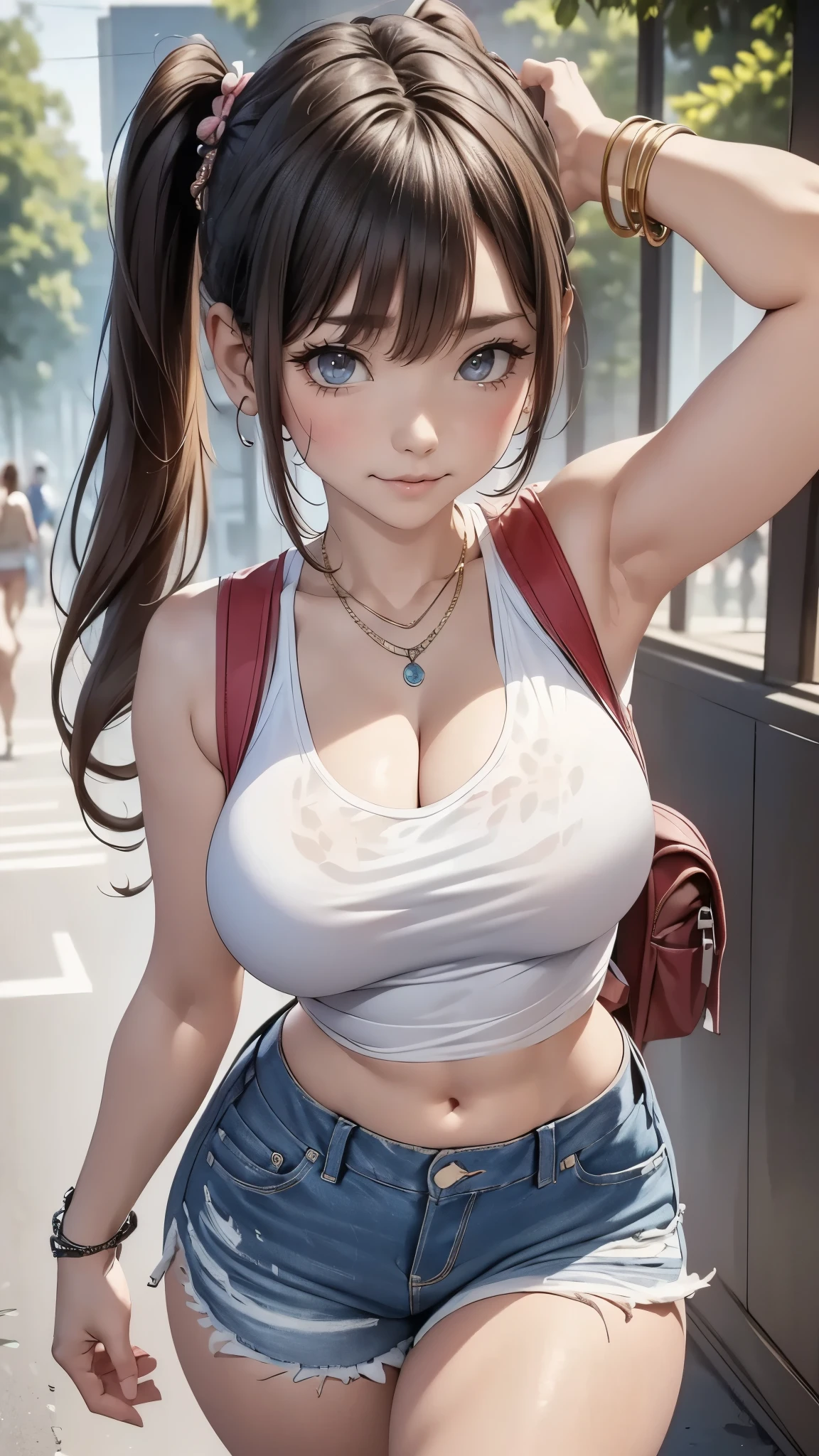 (masterpiece, best quality), perfect slim fit body, thick thighs, nice breasts, braided twintails, printed sleeveless cropped t-shirt, jeans, necklace, bracelets, backpack, big gorgeous eyes, parted lips, blush, walking pose, college compound, natural lighting