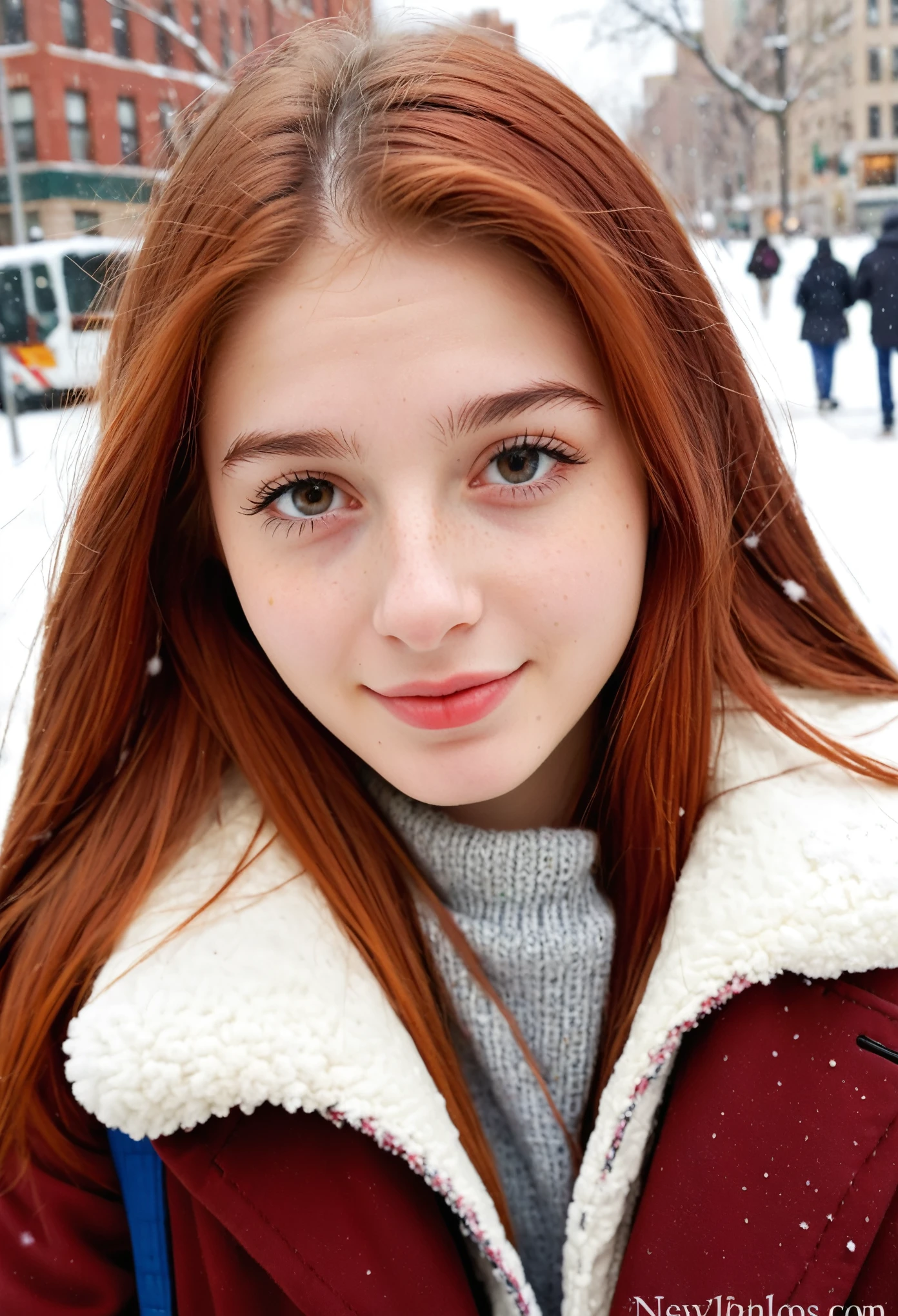 (indistinguishable from reality:1.4), 1girl, selfie, An half portrait of a beautiful 18 y.o New York Italian college student, (detailed facial features), (freckles:0.2), (acne:0.1), long thick luxurious  straight red hair, beautiful Jewish nose, shy smile, walking on street, sunny day , snowfall, ultra detailed texture winter coat, bright primary colors, Nikon FM2, 35mm SLR