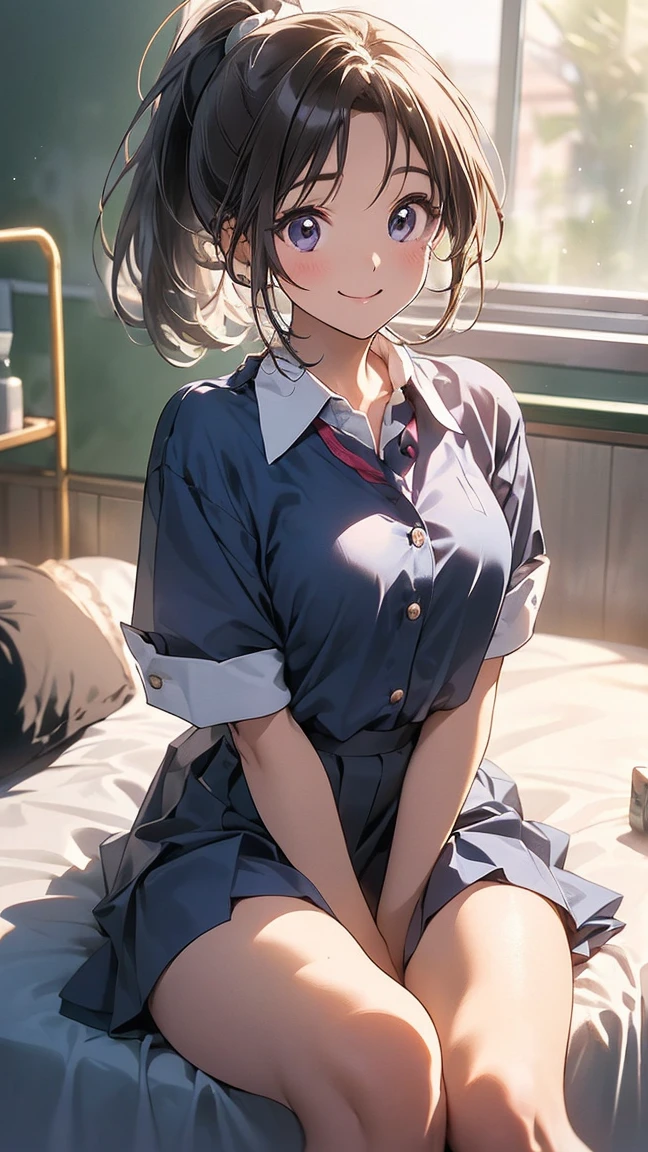 (nsfw:1.5),  1 girl、a girl,  purple eyes, (masterpiece, Best Quality,  high resolution on down,  REAL PICTURES,  Realistic Skin :1.1), ( female sitting on the bed in the school infirmary , Show me her pants and invite them :1.8), ( she should have a happy smile :1.5), ( She's wearing a plain white collared shirt that is her high school uniform:1.8), ( she's wearing a pleated skirt from her high school uniform : 1.8), ( she's wearing dark blue socks : 1.8), ( her panties are white and patterned : 1.5), ( She has a brown ponytail : 1.8), (She's  : 1.5), ( she's medium breasted : 1.5), ( she's very beautiful and popular : 1.5), (place:  on her school infirmary bed :1.5), ( The school doctor's bed is curtained on all sides : 1.8), 1 Japanese girl, Alone, Full-bodied Esbian,  beautiful eyes, Sparkling Eyes, Shining thighs,raced lights,