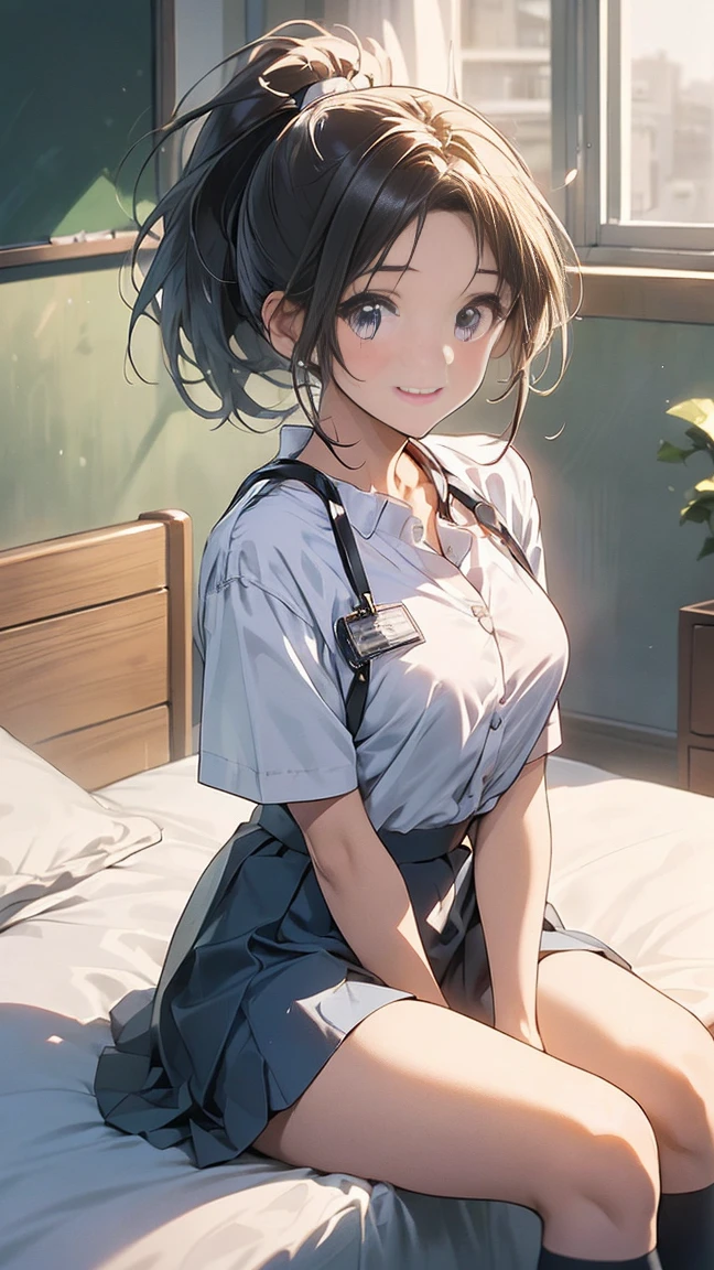 (nsfw:1.5),  1 girl、a girl,  purple eyes, (masterpiece, Best Quality,  high resolution on down,  REAL PICTURES,  Realistic Skin :1.1), ( female sitting on the bed in the school infirmary , Show me her pants and invite them :1.8), ( she should have a happy smile :1.5), ( She's wearing a plain white collared shirt that is her high school uniform:1.8), ( she's wearing a pleated skirt from her high school uniform : 1.8), ( she's wearing dark blue socks : 1.8), ( her panties are white and patterned : 1.5), ( She has a brown ponytail : 1.8), (She's  : 1.5), ( she's medium breasted : 1.5), ( she's very beautiful and popular : 1.5), (place:  on her school infirmary bed :1.5), ( The school doctor's bed is curtained on all sides : 1.8), 1 Japanese girl, Alone, Full-bodied Esbian,  beautiful eyes, Sparkling Eyes, Shining thighs,raced lights,