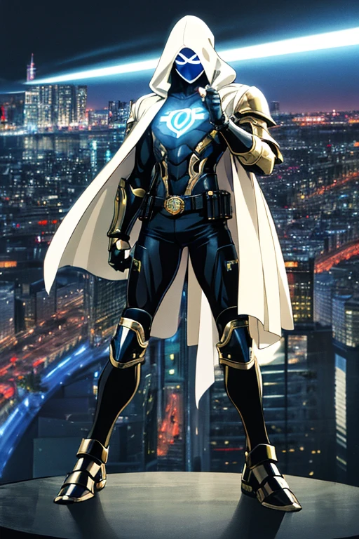 ((best quality)), ((masterpiece)), (detailed), 1 boy in a trench coat standing on a building, full body, 19 years old, masked, white mask covering his entire head and hair, black swimming goggles, blue eyes, face mask, no hair, tall and slender, long beige trench coat, open trench coat showing his emblem, black fingerless gloves, white wristbands, white superhero armor, luminous blue "I" letter emblem on the chest, blue I emblem, black pants, white knee pads, white metallic booties, superhero belt, nanotechnology, city background, anime