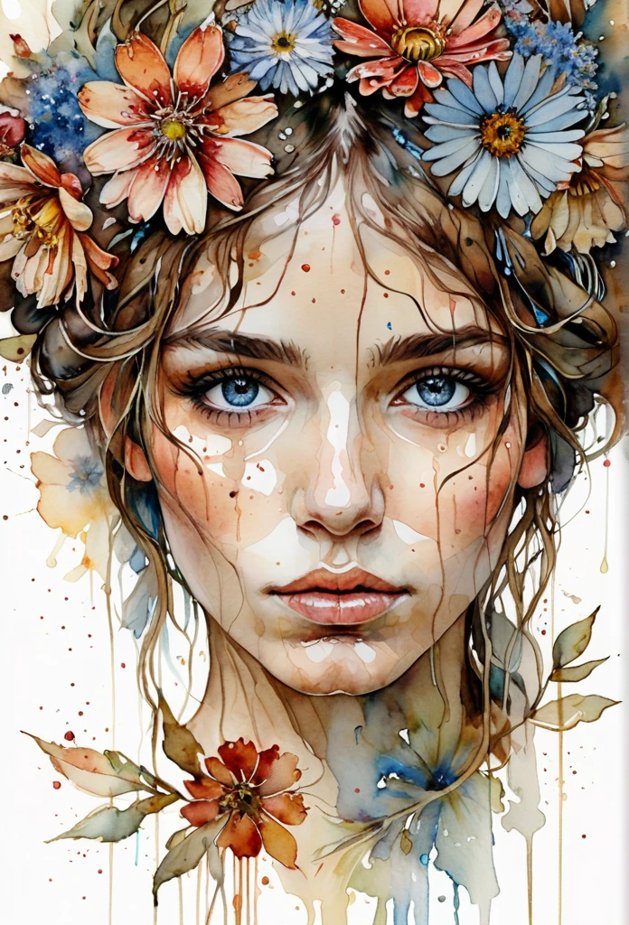 show full head extremely detailed portrait with flowers in her hair in a rough sketch coloured with watercolor, extremely detailed eyes, beautiful eyes, completely centered image, blank space surrounding drawing, focus on face lines, dripping watercolor, ink contours, art by carne griffiths mixed with alfonse mucha, 32k resolution, best quality possible, doll-like