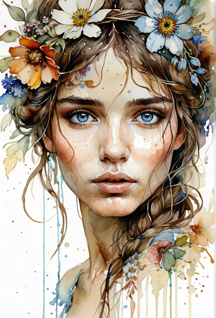 show full head extremely detailed portrait with flowers in her hair in a rough sketch coloured with watercolor, extremely detailed eyes, beautiful eyes, completely centered image, blank space surrounding drawing, focus on face lines, dripping watercolor, ink contours, art by carne griffiths mixed with alfonse mucha, 32k resolution, best quality possible, doll-like