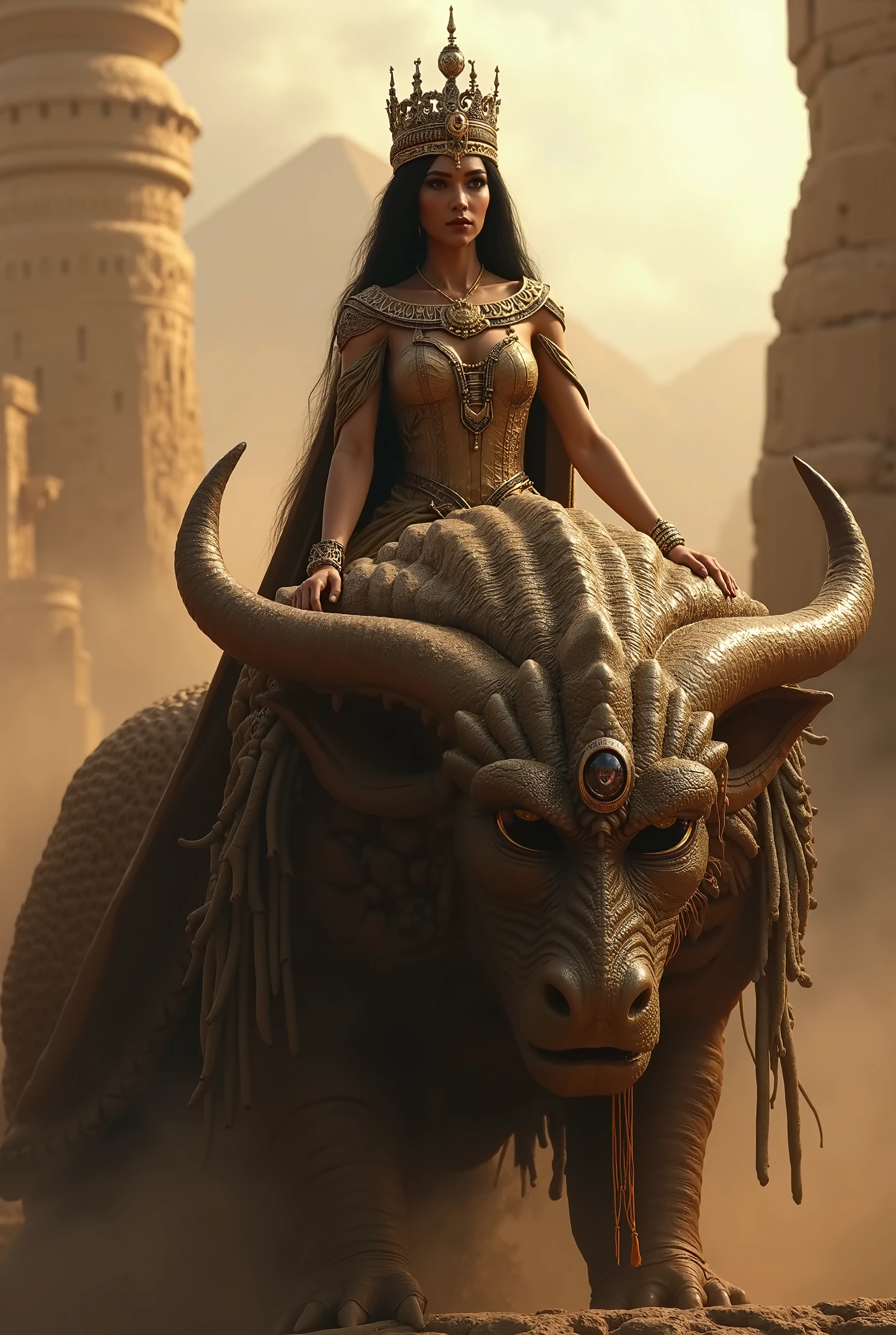 a (ancient:1.3) (queen:1.3) (riding on:1.2) a (dead:1.3) (golem:1.3), by (Januz Miralles:1.2), by (Jacek Yerka:1.3), (detailed, dramatic, cinematic pose:1.1),
<lora:riding_a:1>, <lora:add_detail:0.7>