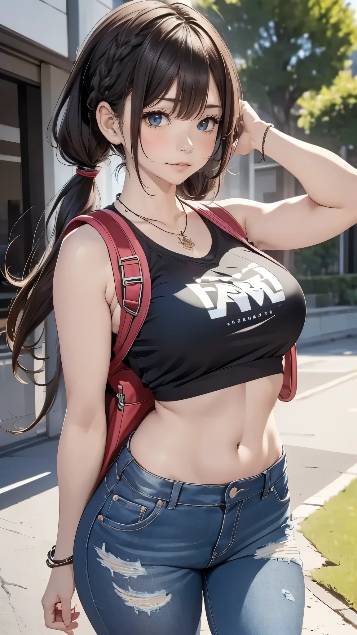 (masterpiece, best quality), perfect slim fit body, thick thighs, nice breasts, braided twintails, printed sleeveless cropped t-shirt, jeans, necklace, bracelets, backpack, big gorgeous eyes, parted lips, blush, walking pose, college compound, natural lighting