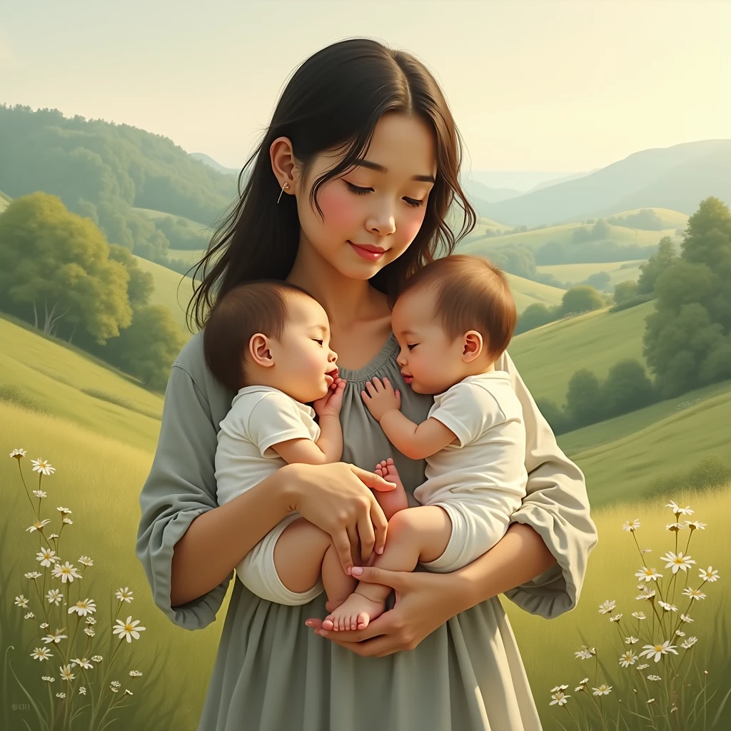 doting mother holding a baby,gently cradling baby in her arms,nurturing care for little ,warm motherly embrace,gentle touch of a mother's hands,affectionate gaze from mother's eyes,soft and delicate baby skin,sweet and innocent smile of the baby,adorned with a floral headband,loving bond between mother and ,peaceful and serene atmosphere,beautiful garden in bloom,colorful flowers in vibrant hues,lush green grass and blooming trees,sparkling sunlight filtering through the leaves,ethereal and dreamy ambiance,impressionist painting style,soft brushstrokes and vibrant colors of oil painting,warm and harmonious color palette,subtle play of light and shadows,masterpiece:1.2,ultra-detailed,realistic:1.37,vivid colors,sharp focus,studio lighting.