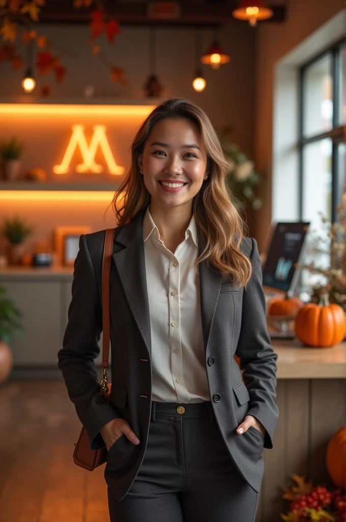 25 years old, girl, white shirt and blazer, black skinny jeans, black hair, indonesian girl, smile, with heel and bag, realistic, 8k, at cafe