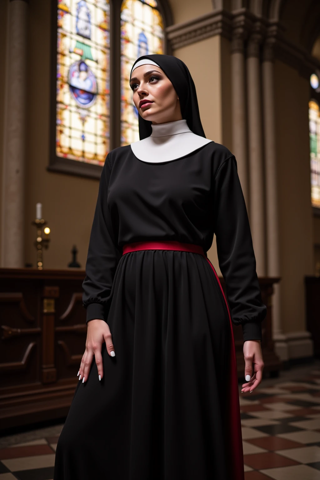 A warrior nun in black, white and red, tall and slender hourglass figure, large full and firm breasts, long slim and slender waist, large wide hips, large full and firm buttocks, thick thighs, makeup, glossy lips, large full lips, (natural lighting), inside Old World cathedral with stained glass windows