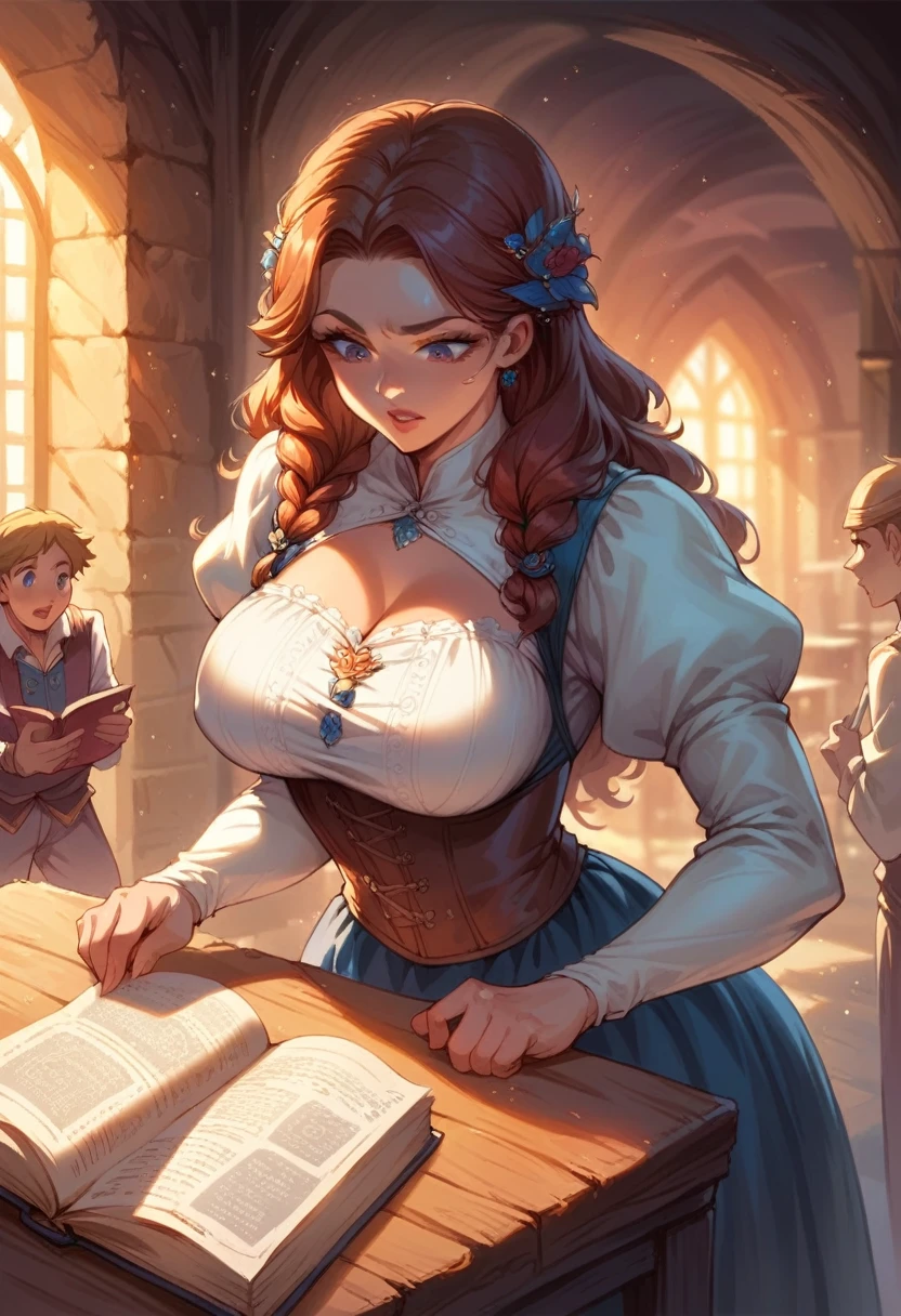 Beautiful woman from medieval times, dressed in student clothes, stands in the library, reading a book on the desk; her large breasts rest on the pages of the book; she looks attentively at the book; young men around her look at the woman's breasts; the young men have an erection; masterpiece; perfect anatomy of the woman