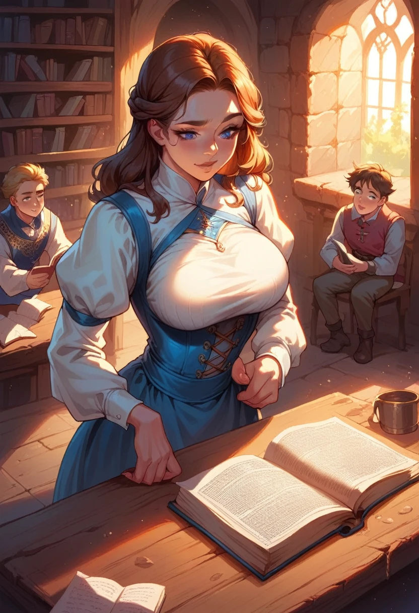 Beautiful woman from medieval times, dressed in student clothes, stands in the library, reading a book on the desk; her large breasts rest on the pages of the book; she looks attentively at the book; young men around her look at the woman's breasts; the young men have an erection; masterpiece; perfect anatomy of the woman