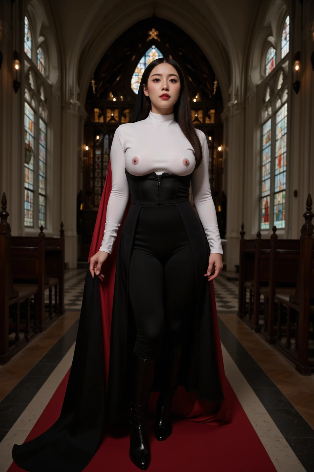 A warrior nun in black, white and red, tall and slender hourglass figure, large full and firm breasts, long slim and slender waist, large wide hips, large full and firm buttocks, thick thighs, makeup, glossy lips, large full lips, (natural lighting), inside Old World cathedral with stained glass windows