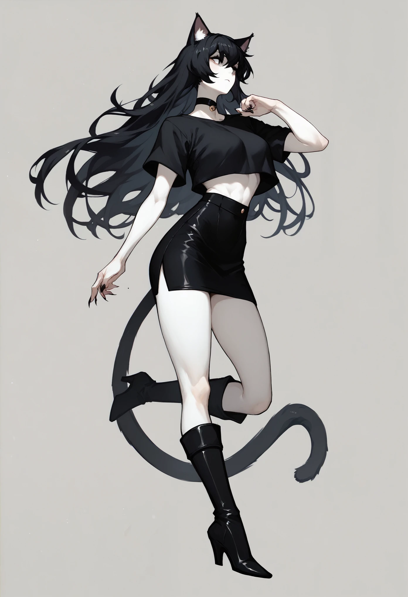 Black cat girl with black hair, long hair, long boots, thick body, white skin, black mini shirt, black skirt