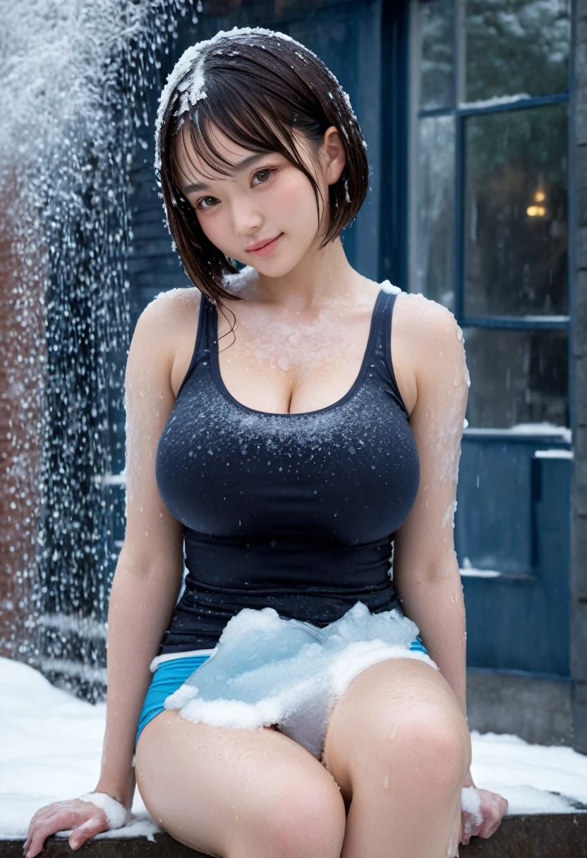 Realism, UHD, masterpiece, anatomically correct, textured skin, super detail, high details, high quality, award winning, best quality, highres, 16k, 1girl, bobcut hair, beautiful face, street, looking at viewer, hanfugirl, large breast, big breast, black sleeveless tank top, bare shoulders, transparent clothes, panties, big cleavage, heavy rain, very cold, fit thick thighs, snow on breast, panties full of snow, snow inside panties, snow between breast, snow storm, snow all over the body, snow inside tank top, wet body, wet tank top, snow on breast, snow tempest, cold wind, snow covering breast, snow on body, snow on chest, night, very cold ambient, extreme cold, cold face expression, a pile of snow inside the cleavage, snow on arms, snow on legs, fog, extreme frozen wind, extreme rain, frozen rain, frozen air, snow on arms, snow on shoulders, snow on thighs, snow on panties, snow on face, frozen body, frozen tank top, wet panties, frozen panties, wet clothes, wet hair, ice inside cleavage, ice, on breast, ice on legs, ice on belly, ice on face, ice on body, breast full ice, sitting, cleavage full ice, cleavage full snow, frost cleavage, smile, snow flood on cleavage
