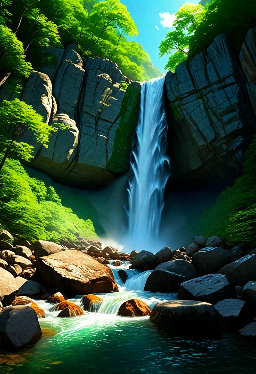 a breathtaking waterfall cascading down a rocky mountainside, lush green forest surrounding the scene, crystal clear water flowing powerfully over the rocks, sunlight filtering through the trees casting a warm glow, detailed texture of the rocks and water, beautiful mountain landscape, realistic 3D rendering, photorealistic quality, dramatic lighting, vibrant colors