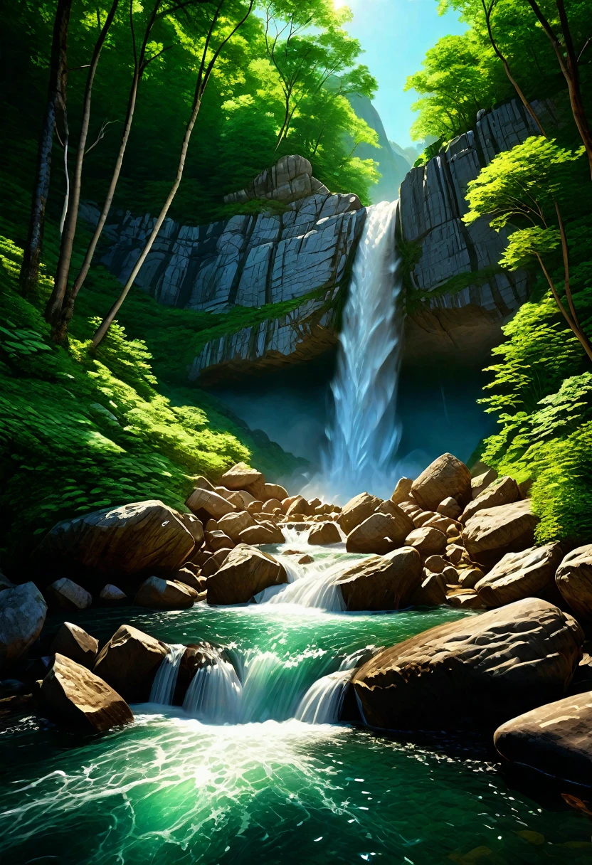 a breathtaking waterfall cascading down a rocky mountainside, lush green forest surrounding the scene, crystal clear water flowing powerfully over the rocks, sunlight filtering through the trees casting a warm glow, detailed texture of the rocks and water, beautiful mountain landscape, realistic 3D rendering, photorealistic quality, dramatic lighting, vibrant colors