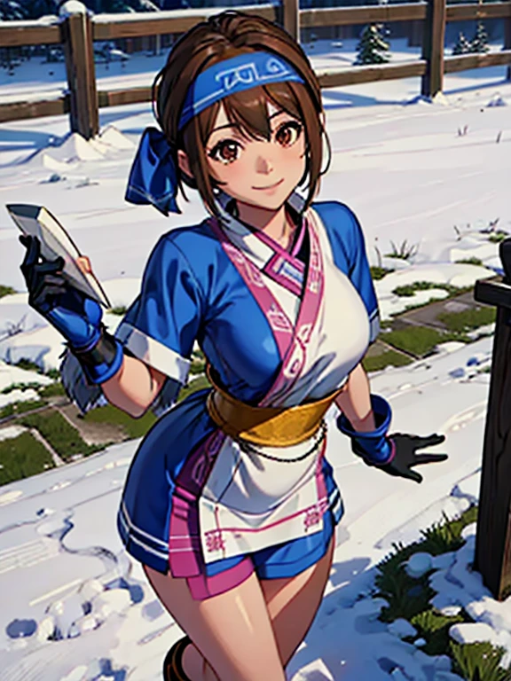 (best quality, masterpiece, ), 1girl,solo,looking at viewer,smile   rimururums, ainu clothes, breasts, headband, gloves,brown short hair, ,snow, holding a knife,standing on a fence