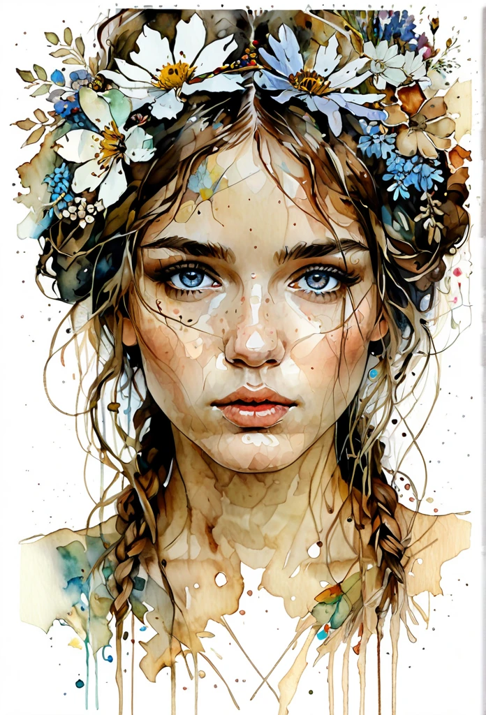 show full head extremely detailed portrait with flowers in her hair in a rough sketch coloured with watercolor, extremely detailed eyes, beautiful eyes, completely centered image, blank space surrounding drawing, focus on face lines, dripping watercolor, ink contours, art by carne griffiths mixed with alfonse mucha, 32k resolution, best quality possible, doll-like