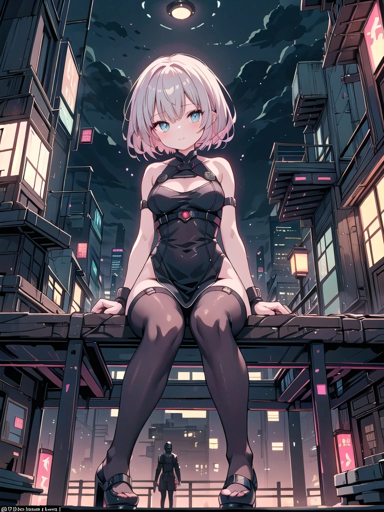 The Milky Way, trees, full-body shot, low-angle perspective, realistic skin texture, a single woman, detailed face, anatomically accurate body, perfect arms and legs, a woman wearing black pantyhose, rooftop of a high-rise building, outdoors, night sky, close to the clouds, neon lighting, Kowloon Walled City, light source behind the subject, depth, ultra-wide lens, machinery and rust, oriental, open rooftop, looking down at the viewer, the woman sitting on a block, depicting the entire body including her shoes, sea surface reflections, dystopian city, decaying buildings, shoulder-exposing outfit, A young woman with pink short hair, sitting gracefully on a wooden platform on a rooftop in a futuristic city, at dusk. She is wearing a stylish and revealing outfit, including a black dress with straps and thigh-high stockings, paired with high heels in glossy pink. The background features a blend of traditional Asian architecture and modern skyscrapers glowing with neon lights. The sky is overcast with dark clouds, but faint lights from the city below create a dreamy and atmospheric setting. The scene is illuminated by soft lantern light and scattered reflections, evoking a cyberpunk and oriental aesthetic.






