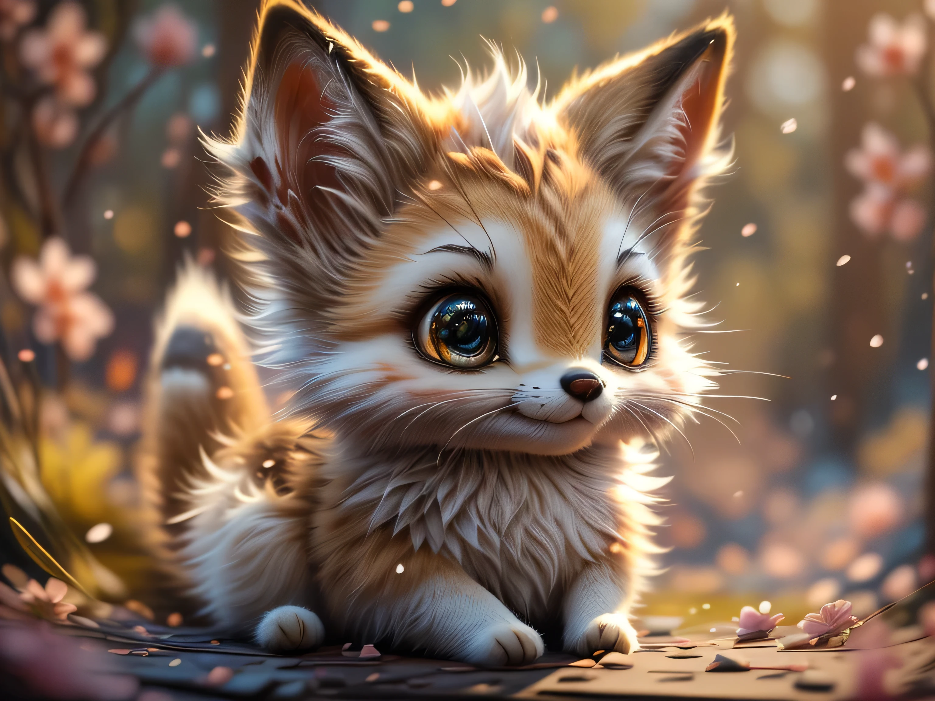 Magical Fantasy Creature, (Best Quality, Masterpiece, Representative Work, Official Art, Professional, Ultra Fine Detail, 8k:1.3), (Photorealism:1.2), Fox Spirit, Super Cute, Big Eyes, Soft, Delicate Nose, Fluffy, Two-Toothed Smile, Cute Fennec Fox Ghost, Realistic, Beautiful, Sparkling, Stars in Eyes, Star Pearl, Fox Lights, Soft Volumetric Light, (Backlight:1.3), (Cinematic:1.2), Intricate Details, (ArtStation:1.3), --auto --s2