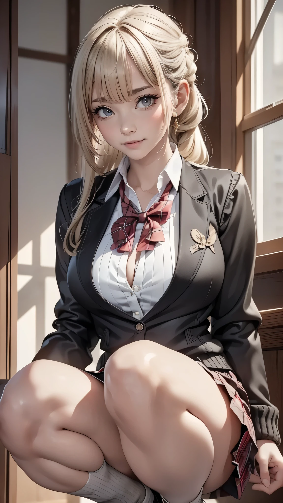 (masterpiece:1.2, top-quality), (realistic, photorealistic:1.4), beautiful illustration, (natural side lighting, movie lighting), nsfw, 
looking at viewer, cowboy shot, front view:0.6, 1 girl, japanese, high school girl, perfect face, cute and symmetrical face, shiny skin, 
(long hair:1.2, half updo:1.4, blond hair), blunt bangs, gold eyes, drooping eyes, long eye lasher, (large breasts:0.6), 
beautiful hair, beautiful face, beautiful detailed eyes, beautiful clavicle, beautiful body, beautiful chest, beautiful thigh, beautiful legs, beautiful fingers, 
(((black jacket), white collared shirts, light grey knitted vest, grey pleated skirt, black socks, red plaid bow tie), pink panty), 
(beautiful scenery), morning, flower garden, squatting, (lovely smile, upper eyes), 