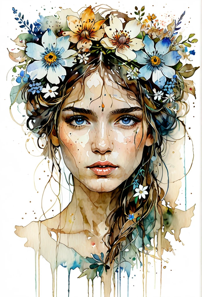 show full head extremely detailed portrait with flowers in her hair in a rough sketch coloured with watercolor, extremely detailed eyes, beautiful eyes, completely centered image, blank space surrounding drawing, focus on face lines, dripping watercolor, ink contours, art by carne griffiths mixed with alfonse mucha, 32k resolution, best quality possible, doll-like