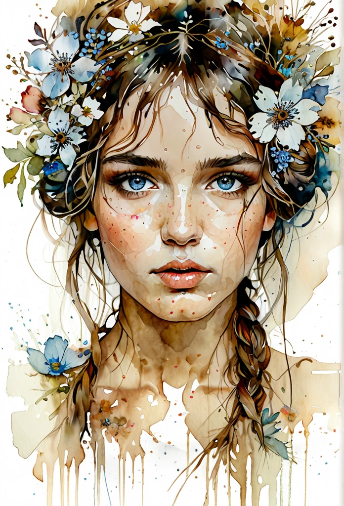 show full head extremely detailed portrait with flowers in her hair in a rough sketch coloured with watercolor, extremely detailed eyes, beautiful eyes, completely centered image, blank space surrounding drawing, focus on face lines, dripping watercolor, ink contours, art by carne griffiths mixed with alfonse mucha, 32k resolution, best quality possible, doll-like