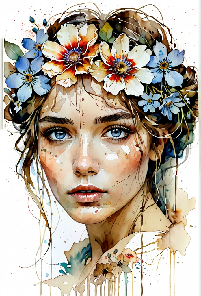 show full head extremely detailed portrait with flowers in her hair in a rough sketch coloured with watercolor, extremely detailed eyes, beautiful eyes, completely centered image, blank space surrounding drawing, focus on face lines, dripping watercolor, ink contours, art by carne griffiths mixed with alfonse mucha, 32k resolution, best quality possible, doll-like