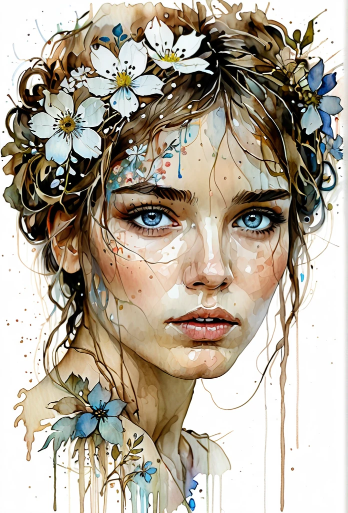 show full head extremely detailed portrait with flowers in her hair in a rough sketch coloured with watercolor, extremely detailed eyes, beautiful eyes, completely centered image, blank space surrounding drawing, focus on face lines, dripping watercolor, ink contours, art by carne griffiths mixed with alfonse mucha, 32k resolution, best quality possible, doll-like