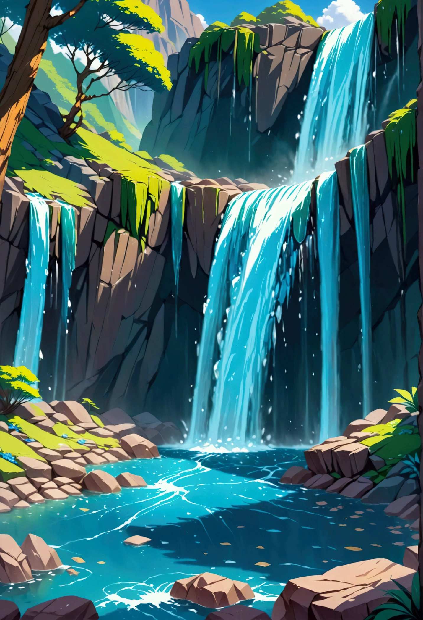 a breathtaking waterfall cascading down a rocky mountainside, lush green forest surrounding the scene, crystal clear water flowing powerfully over the rocks, sunlight filtering through the trees casting a warm glow, detailed texture of the rocks and water, beautiful mountain landscape, realistic 3D rendering, photorealistic quality, dramatic lighting, vibrant colors