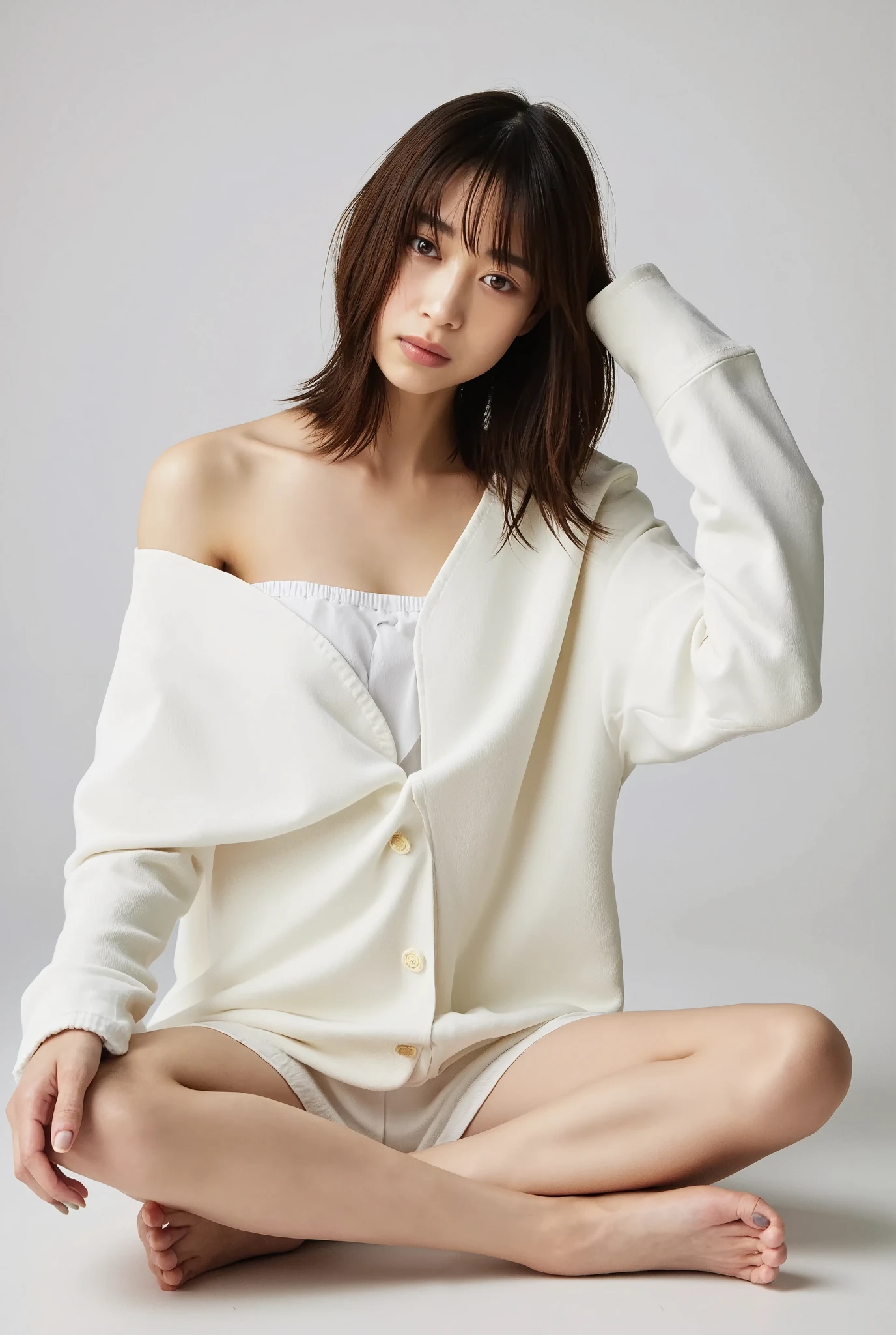 Full body shot from the front、Wear off-the-shoulder mini one-piece pajamas, bend your knees, spread your legs, take a cross-legged pose, and sit while looking at me, Slender bare legs 、smile、The background is a monotone