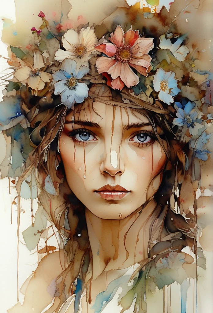 show full head extremely detailed portrait with flowers in her hair in a rough sketch coloured with watercolor, extremely detailed eyes, beautiful eyes, completely centered image, blank space surrounding drawing, focus on face lines, dripping watercolor, ink contours, art by carne griffiths mixed with alfonse mucha, 32k resolution, best quality possible, doll-like