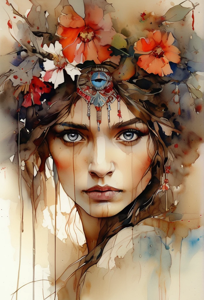 show full head extremely detailed portrait with flowers in her hair in a rough sketch coloured with watercolor, extremely detailed eyes, beautiful eyes, completely centered image, blank space surrounding drawing, focus on face lines, dripping watercolor, ink contours, art by carne griffiths mixed with alfonse mucha, 32k resolution, best quality possible, doll-like