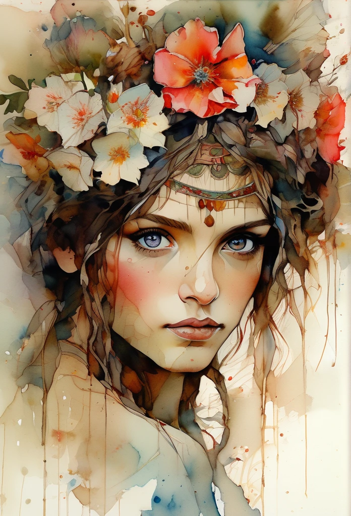 show full head extremely detailed portrait with flowers in her hair in a rough sketch coloured with watercolor, extremely detailed eyes, beautiful eyes, completely centered image, blank space surrounding drawing, focus on face lines, dripping watercolor, ink contours, art by carne griffiths mixed with alfonse mucha, 32k resolution, best quality possible, doll-like