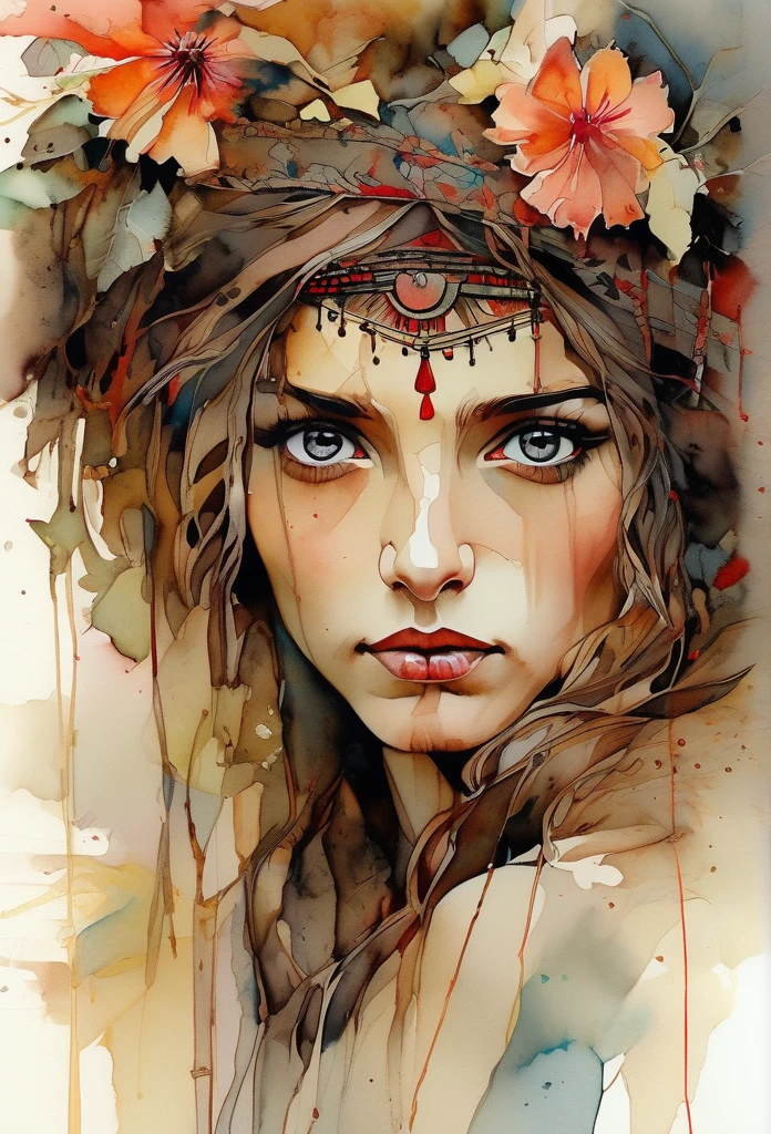 show full head extremely detailed portrait with flowers in her hair in a rough sketch coloured with watercolor, extremely detailed eyes, beautiful eyes, completely centered image, blank space surrounding drawing, focus on face lines, dripping watercolor, ink contours, art by carne griffiths mixed with alfonse mucha, 32k resolution, best quality possible, doll-like