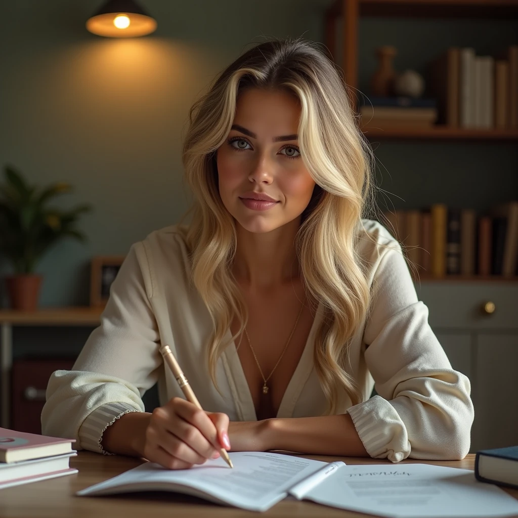 A blonde woman, Brazilian, studying with a notebook 