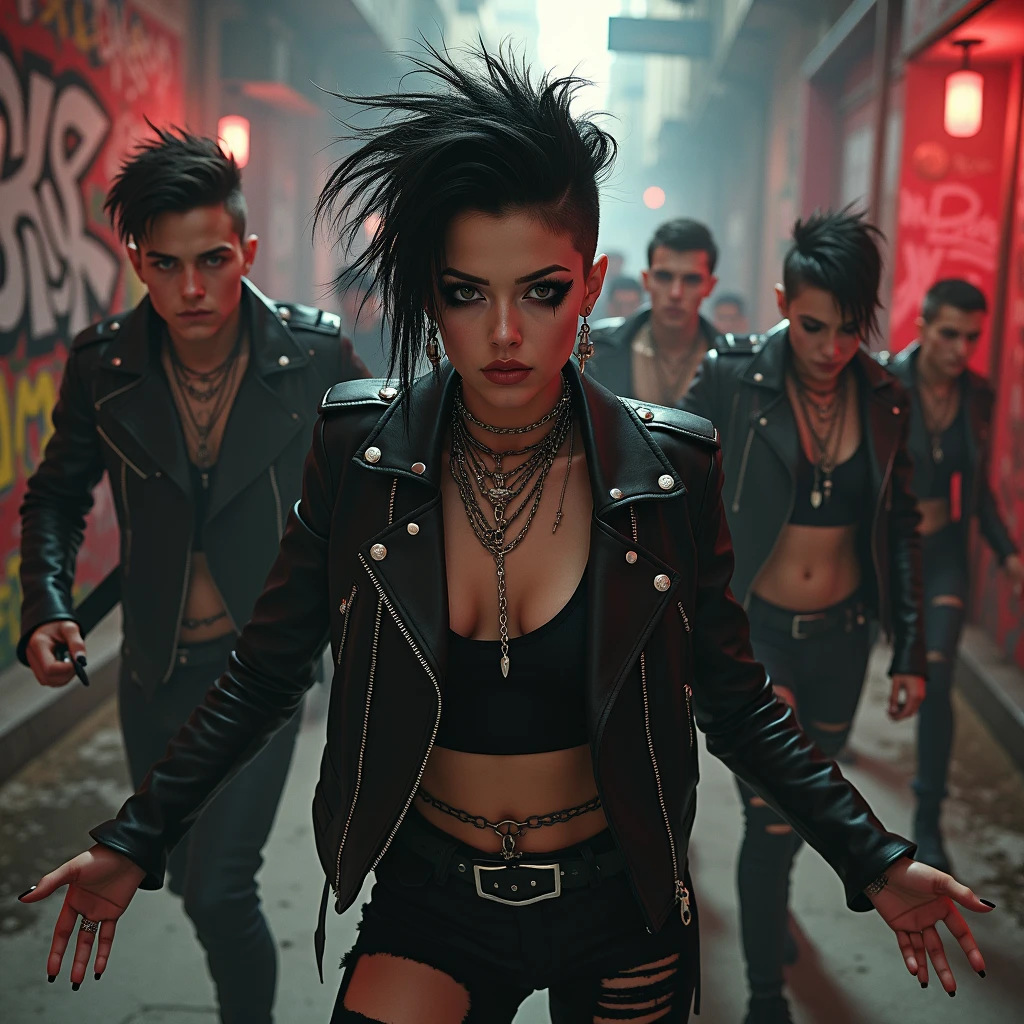 RAW Photo, DSLR BREAK (kkw-ph1:0.9) BREAK half body portrait of two young 20yo woman, black hair, BREAK detailed, professional colorgraded Punk Woman, in a club, with sidecute hair, skin texture, the lights of a city, neon lights, detail face, detail backgrounds little blur, natural lights, HDR, photo realistic, professional photo, flirt with the viewer, wind (best quality,4k,8k,highres,masterpiece:1.2), vibrant scene, post-punk atmosphere, dark underground. Two girls with a post-punk "Goth Barge" T-shirts, showcasing under-boob, dancing energetically in a crowded dance club filled with the 80s traditional goth aesthetics. The dancefloor is dimly lit with purple neon lights, creating a contrasting atmosphere for the vibrant crowd. The girl's purple mohawk hair stands out as a rebellious symbol, representing the essence of the 80s punk culture. The dance club crowd is crowded and diverse, with individuals dressed in elaborate goth outfits, fishnet stockings, leather jackets, and unconventional hairstyles. The DJ is playing energetic and edgy post-punk music, setting the tone for the dance party. The overall scene exudes a lively and nostalgic ambiance, reminiscent of the vibrant underground subculture of the 80s post-punk era. Black, White, Hispanic.