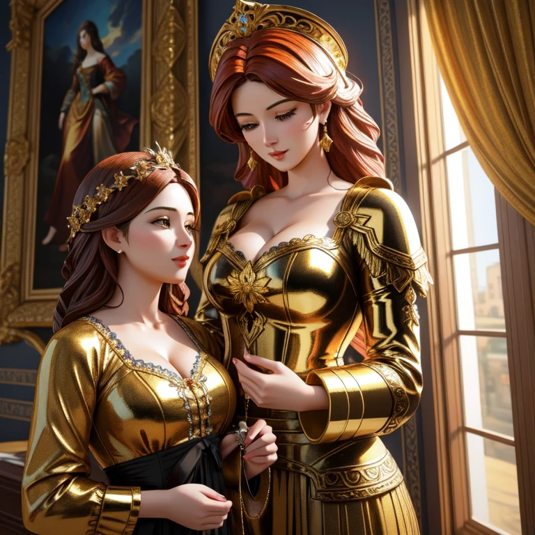 masterpiece, highest quality, (perfect face:1.1) , (high detail:1.1),realistic, masterpiece, best_quality, on the left royal thick mature milf bbw medieval European queen, and her princess petite slim big ass teen daughter on the right ,theofficalpit art style, realistic faces, both are in royal attire fully clothed medieval, poseing for a painting