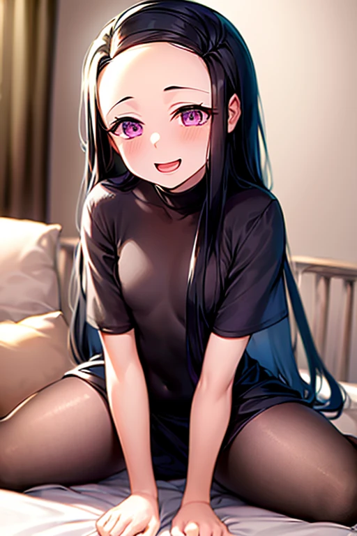 ((Best Quality)), ((masterpiece)), (be familiar with),  perfect face, indoor, bedroom,  watching viewers ,
One woman, Kamado Nezuko,
 characters with open mouth ,  ecstatic expression, blush, smile,
Small breasts,  flat chest, Young girl, Lori,  kids,  girl,
Long Hair,  long hair,
Leg spread,